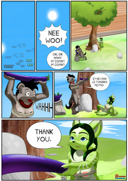 animal_genitalia animal_penis anthro areola balls black_hair black_nose black_penis blue_eyes blush border breasts brown_body brown_fur canine_genitalia canine_penis cleavage clothed clothing cloud dialogue duo eggplant farming food fruit fur genitals green_body green_fur green_hair gynomorph hair intersex language_barrier long_hair nipples outside penis pink_nipples plant rock sheath size_difference sky smile text tight_clothing tree white_border spoogiehowl patreon holt_(spoogiehowl) canid canine fox hyena mammal 2026 absurd_res comic digital_drawing_(artwork) digital_media_(artwork) digital_painting_(artwork) english_text hi_res painting_(artwork) portrait story herm_(lore)