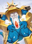 anthro armor bandai_namco blue_body blue_maoh_6 bottomless censored cloacal_penis clothed clothing digimon digimon_(species) erection genitals gold_(metal) gold_armor hi_res magnamon male mosaic_censorship muscular muscular_male penis red_eyes scalie solo
