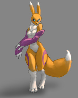 anthro armwear big_tail black_claws black_nose black_sclera blue_eyes breasts cheek_tuft claws clothing digitigrade dipstick_ears dipstick_tail ear_markings facial_markings facial_tuft featureless_crotch female front_view fur grey_background head_markings hip_markings leg_markings markings multicolored_ears neck_tuft nipple_outline purple_armwear purple_clothing purple_markings simple_background socks_(marking) solo tail tail_markings tuft white_body white_fur yellow_body yellow_fur mootsider bandai_namco digimon digimon_(species) renamon absurd_res hi_res