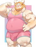 anthro areola areola_slip arm_hair armpit_hair barazoku beard belly biceps big_belly big_bulge big_muscles blonde_hair blush body_hair bulge chest_hair claws clothed clothing deltoids detailed_bulge eyebrows facial_hair flexing flexing_bicep fur hair hand_on_hip horn huge_belly huge_muscles kemono leg_hair long_hair looking_at_viewer male musclegut muscular muscular_anthro muscular_male navel_outline nipple_outline overweight overweight_anthro overweight_male pecs pink_clothing simple_background smile solo sportswear standing text thick_arms thick_thighs tight_clothing tuft white_body wrestling_singlet o-ro undertale_(series) asgore_dreemurr boss_monster_(undertale) bovid caprine goat mammal 2025 hi_res url