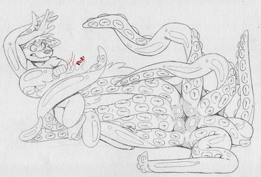 anthro coiling duo feral fur hair male nude onomatopoeia simple_background size_difference sound_effects suction_cup_(anatomy) tail tentacles tenting text tacokurt octo_(zorrodrilo) zac_(shikanaconda) aquatic canid canine canis cephalopod coleoid mammal mollusk octopodiform octopus wolf english_text hi_res monochrome sketch