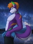 anthro blue_briefs blue_clothing blue_seam_underwear blue_underwear bottomwear briefs bulge clothing colored_seam_underwear eyewear fur glasses green_eyes hair looking_at_viewer male mountain muscular night orange_hair pants purple_body purple_fur solo star underwear sebtheredpanda tight_pants_(meme) hi_res meme