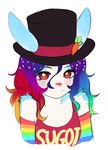 anthro arm_warmers armwear breasts clothed clothing clown clown_makeup female female_anthro fur hair hat headgear headwear kemono looking_at_viewer multicolored_clothing multicolored_hair rainbow_clothing rainbow_hair shirt simple_background solo star_pupils tank_top text text_on_clothing text_on_shirt text_on_tank_top text_on_topwear top_hat topwear white_body white_fur yoako cupcake_(yoako) lagomorph leporid mammal rabbit 2022 digital_media_(artwork) english_text