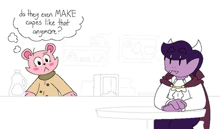 anthro bar_counter bear_ears cape clothing collared_shirt counter dress_shirt duo fangs female fur furniture hair male napkin_holder pink_body pink_fur pointy_ears purple_body purple_hair purple_skin scarf shirt simple_background table teeth text thinking thought_bubble thoughtful_expression topwear anonymous_artist unknown_artist undertale_(series) undertale_yellow dalv_(undertale_yellow) honeydew_shopkeeper animal_humanoid bear humanoid mammal mammal_humanoid ursid_humanoid vampire english_text