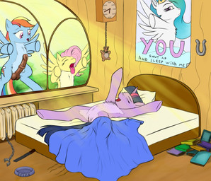 animal_genitalia animal_penis bed bedroom blue_body blue_feathers blue_fur blue_hair bodily_fluids book bowl clock clothing container cutie_mark equine_genitalia equine_penis erection feathered_wings feathers female feral fluffy fur furniture genitals group gynomorph hair horn horseshoe inside intersex long_hair multicolored_hair penis pet_bowl pink_hair poster purple_body purple_eyes purple_fur purple_hair rainbow_hair saliva text tongue tongue_out two_tone_hair voyeur vulva window wings yellow_body yellow_fur z-lion friendship_is_magic hasbro my_little_pony mythology fluttershy_(mlp) rainbow_dash_(mlp) twilight_sparkle_(mlp) equid equine mammal mythological_creature mythological_equine pegasus unicorn 2014 english_text