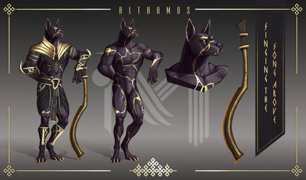 4_eyes abs anthro armor black_body blue_eyes cracks digitigrade gold_(metal) gold_armor gold_tooth khopesh leaning_on_object male markings melee_weapon multi_eye multicolored_body muscular muscular_anthro muscular_male nipples pecs scar solo standing sword weapon reterion egyptian_mythology european_mythology load_(reterion) middle_eastern_mythology mythology norse_mythology althomos anubian_jackal canid canine canis jackal mammal yafayaer_(load) absurd_res hi_res model_sheet