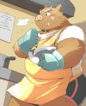 anthro apron belly blush brown_body brown_fur clothing cooking fur gloves handwear kitchen male overweight overweight_anthro overweight_male shirt short solo topwear tusks ayame42612 mammal suid suine sus_(pig) wild_boar 2014 low_res