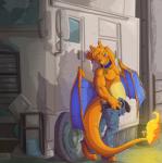 anthro blue_eyes claws clothed clothing collar erection fire flaming_tail genitals male membrane_(anatomy) membranous_wings orange_body orange_skin partially_clothed penis pose raised_arm smile solo tail undressing wings fuf mythology nintendo pokemon tucker charizard dragon generation_1_pokemon mythological_creature mythological_scalie pokemon_(species) scalie hi_res