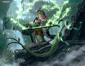 4_arms ambiguous_gender anthro apode asian_clothing claws clothing forked_tail green_body green_scales holding_musical_instrument holding_object horn legless magic multi_arm multi_limb musical_instrument outside scales serpentine smile solo tail unusual_anatomy unusual_tail tuan_duong_chu hasbro magic:_the_gathering wizards_of_the_coast draconcopode naga orochi-bito scalie 2022 absurd_res hi_res official_art