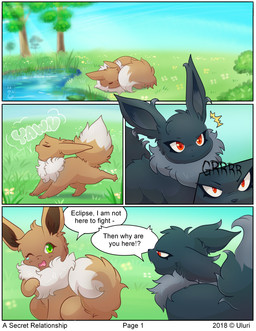alternate_color angry black_body black_fur bodily_fluids brown_body brown_fur brown_nose cute_fangs detailed_background dialogue dipstick_tail duo fangs female feral fluffy fluffy_tail fur grass green_eyes interrobang markings multicolored_tail on_grass one_eye_closed open_mouth outside plant pond red_eyes shrub sky speech_bubble tail tail_markings tears teeth text tongue tree white_body white_fur yawn uluri nintendo pokemon eevee generation_1_pokemon pokemon_(species) 2018 absurd_res comic english_text hi_res