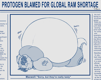 5_fingers anthro belly big_belly cybernetics fingers huge_arms huge_belly huge_thighs inflated_belly inflation machine male male_anthro newspaper overeating random_access_memory screen screen_face solo text thick_thighs teaselbone alien canid cyborg mammal protogen 2026 blue_and_white digital_drawing_(artwork) digital_media_(artwork) english_text hi_res monochrome signature