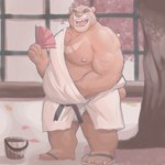 anthro asian_clothing bucket clothing container east_asian_clothing footwear hand_fan hot_spring japanese_clothing male musclegut muscular muscular_male onsen open_mouth sandals sauna scar shoes slightly_chubby slightly_chubby_male smile solo standing water bin_(artist) bear mammal 1:1 hi_res