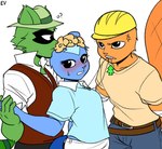 air_freshener amputee angry anthro armor blue_body blue_fur blush clothing disability female flower fur green_body green_fur group hard_hat hat headgear headwear helmet looking_at_viewer male missing_arm open_mouth plant ev_htf_(artist) happy_tree_friends handy_(htf) petunia_(htf) shifty_(htf) beaver mammal mephitid procyonid raccoon rodent skunk hi_res