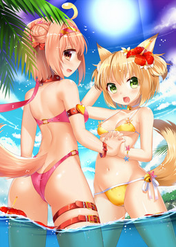 accessory bell belt bikini blonde_hair blush bra breasts brown_eyes brown_hair butt choker clothing collar duo fangs female flower flower_in_hair fox_tail green_eyes hair hair_accessory jewelry leash looking_at_viewer navel necklace open_mouth outside pink_hair plant short_hair sun swimwear teeth two-piece_swimsuit underwear water rancy01 animal_humanoid canid canid_humanoid canine canine_humanoid fox fox_humanoid humanoid mammal mammal_humanoid hi_res