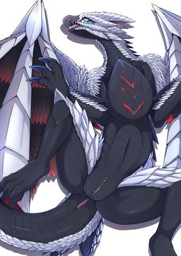 3_claws 3_toes anus beak bent_legs bird's-eye_view black_body blue_eyes claws eyelashes feet female female_feral feral genitals glistening glistening_eyes grey_body grey_scales high-angle_view humanoid_genitalia humanoid_genitalia_on_feral humanoid_vulva iris looking_at_viewer lying membrane_(anatomy) membranous_wings multicolored_body navel non-mammal_navel on_back open_mouth pink_tongue pupils red_body scales shadow sharp_teeth simple_background solo spread_legs spreading tail tail_anus teeth toes tongue urethra ventral_scales vulva white_background white_sclera wings d-crow capcom monster_hunter elder_dragon scalie valstrax 2026 digital_drawing_(artwork) digital_media_(artwork) full-length_portrait hi_res portrait shaded