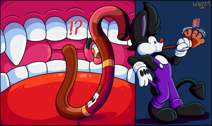 2_toes 3_toes 4_fingers anthro big_feet big_tongue cartoon_gloves cartoon_physics cheek_bulge clothing curling_toes drinking_straw duo extreme_size_difference feet fingers inside_mouth macro male male/male mawplay micro overalls paws red_tongue shirt size_difference slapstick slapstick_humor soft_vore spread_toes tail toes tongue toony toony_moment topwear vore wide_tongue marquis2007 herman_(marquis2007) roderick_(tamerkoh) imp lagomorph leporid mammal rabbit absurd_res alpha_channel hi_res multiple_scenes
