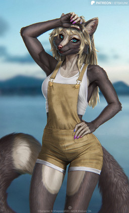 anthro biped bottomwear breasts claws clothed clothed_anthro clothed_female clothing female fingers front_view fully_clothed fully_clothed_anthro fully_clothed_female fur hair looking_at_viewer smile snout solo standing tail teeth tongue topwear wide_hips etskuni canid canine fox mammal 2026 digital_drawing_(artwork) digital_media_(artwork) hi_res