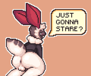 antennae_(anatomy) anthro arthropod_abdomen backsack balls butt clothed clothing dialogue genitals looking_at_viewer looking_back male open_mouth partially_clothed simple_background solo speech_bubble talking_to_viewer text moth_hole rhey_(rheycore) arthropod insect lepidopteran moth 6:5 digital_media_(artwork) english_text pixel_(artwork)
