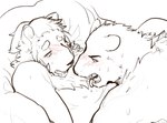 anthro bed blush bodily_fluids clothed clothing duo embarrassed fangs furniture hair half-closed_eyes looking_at_another looking_at_partner looking_pleasured lying lying_on_bed male male/male narrowed_eyes on_bed open_mouth pillow serious sweat teeth tongue tongue_out topless topless_male suinduckhu felid hybrid lion mammal pantherine hi_res