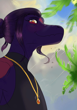 anthro bangs blush clothed clothing cloud eyebrows eyelashes female gem glare hair jewelry lens_flare light looking_at_viewer makeup necklace orange_eyes outside palm_tree plant purple_body scales sky smile solo sun topwear tree starfish_nebula goodbye_volcano_high ko_op_(game_developer) abby_(gvh) avian bird dinosaur dromaeosaurid prehistoric_species reptile saurischian scalie theropod utahraptor 2025 absurd_res colored digital_drawing_(artwork) digital_media_(artwork) hi_res lighting shaded signature