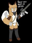 anthro ar-15 ar_platform belt brown_body brown_fur clothing dialogue featureless_crotch female fluffy fluffy_tail footwear fur gloves green_eyes handwear legwear scarf socks solo tactical_gear tail text thigh_highs thigh_socks threatening weapon anonymous_artist conditional_dnp peace_was_never_an_option averi_(fiddleafox) canid canine fox mammal red_fox true_fox alpha_channel english_text low_res meme