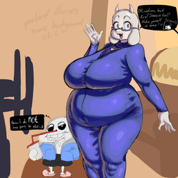 2_horns anthro belly big_belly big_breasts black_bottomwear black_clothing black_shorts blue_clothing blue_jacket blue_topwear bone bottomwear breasts clothing dress duo eyelashes eyewear fangs female floppy_ears fur glasses horn humor jacket male offscreen_character overweight overweight_female pink_tongue purple_clothing purple_dress shorts skeleton teeth text thought_bubble tongue topwear white_body white_ears white_eyes white_fur white_horn swagmanguypal deltarune undertale_(series) sans_(undertale) susie_(deltarune) toriel monster 1:1 english_text hi_res