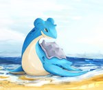 ambiguous_gender beach cloud countershading droplets feral horn land landscape mountain sand sea seaside sky solo water mithra_(artist) nintendo pokemon generation_1_pokemon lapras pokemon_(species) hi_res signature