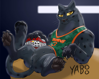 anus ball basketball_(ball) bedroom_eyes claws clothed clothing female feral flat_chested genitals jersey lying melanistic multi_nipple muscular muscular_female narrowed_eyes nipples on_back pawpads pose presenting presenting_anus presenting_vulva roarball_(ball) seductive semi-anthro shirt solo spread_legs spreading tail tail_anus teats topwear vulva whiskers yellow_eyes yaboo goat_(movie) sony_corporation sony_pictures jett_fillmore felid leopard mammal pantherine hi_res pinup