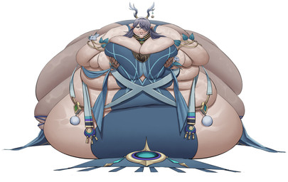 5_fingers antlers arms_bent bangs belly belly_rolls big_belly big_breasts big_butt biped black_eyebrows blobby blue_antlers blue_clothing blue_dress blue_ribbon breasts butt chubby_cheeks cleavage clothed clothed_female clothed_humanoid clothing double_chin dress ear_piercing ear_ring emerald_(gem) eyebrows eyelashes fat_arms female female_humanoid fingernails fingers flabby_arms front_view gem grey_hair hair hair_over_eye holding_breast horn huge_belly huge_breasts huge_butt humanoid_pointy_ears hyper hyper_belly hyper_butt immobile lidded_eyes light long_hair looking_at_viewer morbidly_obese morbidly_obese_female morbidly_obese_humanoid nails obese obese_female obese_humanoid overweight overweight_female overweight_humanoid piercing pointy_ears ring_piercing simple_background sitting smile smiling_at_viewer solo tan_body tan_skin white_background white_mouth white_sclera comedii genshin_impact mihoyo laume_(genshin_impact) animal_humanoid deer deer_humanoid horned_humanoid humanoid mammal mammal_humanoid 2026 absurd_res colored digital_drawing_(artwork) digital_media_(artwork) english_description hi_res lighting shaded
