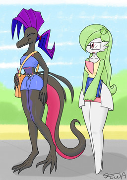 5_fingers anthro bag blush book bottomwear clothing duo eyes_closed eyewear female fingers glasses green_hair grey_body hair happy pink_eyes purple_hair shirt shorts skirt tank_top topwear white_body mr_fuwa nintendo pokemon gardevoir generation_3_pokemon generation_7_pokemon pokemon_(species) salazzle scalie hi_res