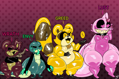 anthro belly big_butt big_tail black_arms black_feet black_hands boots butt claws clothing coin coins_in_tail coins_over_eyes collar collar_only collar_tag comparing crossed_arms dotted_background fangs feet footwear fur gloves gradient_background green_belly green_body green_claws green_eyes green_snout green_tail green_teeth green_tongue grin group handwear happy head_tuft heart_collar_tag heart_pupils holding_coin holding_head holding_object huge_hips huge_thighs long_tail male missing_tooth nude object_in_tail open_mouth pattern_background pink_body pink_boots pink_clothing pink_eyes pink_footwear pupils red_body red_fur romantic romantic_couple rope_around_neck sharp_teeth shoes simple_background size_difference slightly_chubby slit_pupils smile spiral spiral_eyes tail teeth text thick_thighs tongue tongue_out tuft wide_hips x_pupils yellow_body yellow_fur yellow_tongue plushtrapboyuwu envy_(plushtrapboyuwu) greed_(plushtrapboyuwu) lust_(plushtrapboyuwu) wrath_(plushtrapboyuwu) anglerfish aquatic bear demon fish mammal pit_viper procyonid raccoon rattlesnake reptile scalie snake viper hi_res signature
