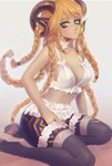 blush clothing female freckles green_eyes hair hand_on_leg hooves kneeling legwear lingerie looking_at_viewer orange_hair patterned_fur solo thigh_highs underwear naiterion selene_dall humanoid satyr hi_res