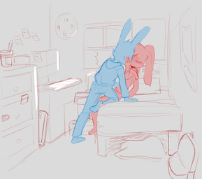 anthro bed blush clock computer cupping_cheek duo electronics eyes_closed female furniture implied_kiss leaning leaning_backward male post-it_note shoulderless_topwear simple_background sitting agidyne cup_noodles rose_(agidyne) stephen_(agidyne) lagomorph mammal hi_res monochrome sketch cousins_(lore) incest_(lore)