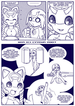 :3 ^_^ anthro blue_eyes border bowl breasts container dialogue duo ellipsis eyes_closed facial_markings fangs female female_anthro forehead_markings furniture giggling head_markings holding_melee_weapon holding_object holding_sword holding_weapon male male_anthro markings melee_weapon o_o open_mouth open_smile smile sword table talking_to_another teeth text weapon white_border worried cyyeun xen_(series) izzy_(xen) switch_(xen) alien 2007 artist_name blue_and_white comic dated english_text monochrome