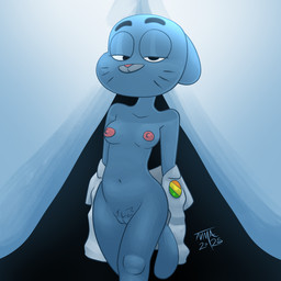anthro areola biped blue_body blue_fur breasts clothing female female_anthro fur genitals medium_breasts mostly_nude narrowed_eyes navel nipples nude pose seductive shirt solo standing tail tasteful_nudity topwear undressing undressing_self vulva tvma cartoon_network the_amazing_world_of_gumball nicole_watterson domestic_cat felid feline felis mammal 1:1 2025 dated digital_drawing_(artwork) digital_media_(artwork) hi_res portrait signature three-quarter_portrait