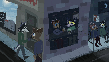 anthro blue_clothing blue_shirt blue_topwear clothing detailed_background door duo green_clothing green_shirt green_topwear inside male outside road shirt sitting smile topwear demensa canid canine canis deer domestic_dog mammal 2020 7:4 digital_media_(artwork) pixel_(artwork)