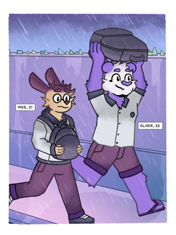anthro antlers backpack closed_smile clothed clothing detailed_background duo eyewear flip_flops footwear fur glasses horn male mouth_closed outside purple_body purple_fur raining running sandals shoes sky smile text uniform wearing_glasses wet wet_clothing yellow_body yellow_fur pink_marky mike_(pink_marky) oliver_(pink_marky) bear giant_panda jackalope lagomorph mammal 3:4 colored comic hi_res