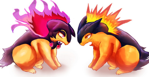 belly blue_body blue_fur colored_fire duo female female_feral feral fire fluffy fur light male male_feral multicolored_body multicolored_fur neck_tuft pink_eyes pink_fire quadruped red_eyes simple_background tail tan_body tan_fur thick_thighs tuft two_tone_body two_tone_fur white_background felipotyphlosion nintendo pokemon badger generation_2_pokemon generation_8_pokemon hisuian_form hisuian_typhlosion mammal mustelid musteline pokemon_(species) regional_form_(pokemon) typhlosion 2026 absurd_res colored colored_line_art digital_drawing_(artwork) digital_media_(artwork) hi_res lighting