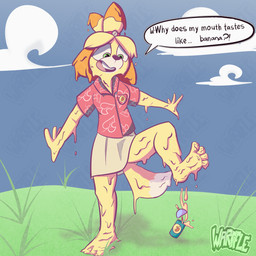 4_fingers 4_toes anthro beverage clothed clothing confusion feet female fingers food food_transformation goo_transformation implied_transformation melting smoothie solo speech_bubble standing toes transformation yellow_body warffle animal_crossing nintendo isabelle_(animal_crossing) canid canine canis domestic_dog food_creature goo_creature mammal 1:1 digital_media_(artwork) hi_res