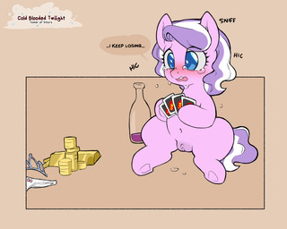 animal_genitalia animal_vulva blue_eyes blush bodily_fluids bottle card clothing coin container crown darkened_genitalia darkened_vulva equine_genitalia equine_vulva female feral genitals gold_(metal) gold_bar gold_coin hair headgear highlights_(coloring) medium_hair open_mouth panties purple_body purple_hair purple_skin purple_vulva sitting snout solo speech_bubble tail tears tears_of_sadness tiara underwear vulva white_clothing white_highlights white_panties white_underwear young cold-blooded-twilight friendship_is_magic hasbro my_little_pony diamond_tiara_(mlp) earth_pony equid equine horse mammal pony 2024 signature
