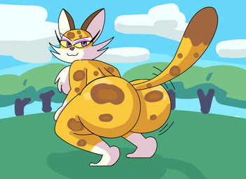 anthro big_butt brown_spots bubble_butt butt chest_tuft crouching day detailed_background eyelashes eyeshadow female fur gloves_(marking) looking_at_viewer looking_back looking_back_at_viewer makeup markings motion_lines plant purple_eyes purple_eyeshadow shaking_butt solo spots spotted_body spotted_fur tail tail_markings thick_thighs tree tuft wide_hips yellow_body yellow_fur yellow_sclera brappycatty kirby_(series) nintendo clawroline felid leopard mammal pantherine 2022 absurd_res hi_res