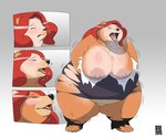 after_frame_focus anthro big_breasts blush breasts clothing female four_frame_image four_frame_sequence hair huge_breasts human_to_anthro open_mouth overweight overweight_anthro overweight_female red_hair simple_background solo species_transformation teeth torn_clothing transformation transformation_sequence gillpanda bear human mammal 2013 sequence