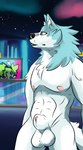 animal_genitalia anime_style anthro balls billboard blue_body blue_eyes blue_fur city cityscape fluffy fur genitals glass green_body inner_ear_fluff knot looking_away male muscular neck_tuft neon_lights penis penis_tip red_eyes rib_cage sheath slim solo tail terrace thick_thighs tuft white_body kitchidrachenblut brand_new_animal studio_trigger shirou_ogami canid canine canis mammal wolf hi_res