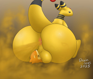 anthro anus backsack balls big_balls big_butt black_eyes brown_fart_cloud butt duo eyes_closed fart fart_cloud fart_fetish fart_torture farting_on_another farting_on_face genitals looking_back male orange_body simple_background sitting sitting_on_another size_difference size_play tail tea_bagging wide_hips yellow_body drain_scat mythology nintendo pokemon ampharos buizel dragon generation_2_pokemon generation_4_pokemon mammal mythological_creature mythological_scalie pokemon_(species) scalie 2025 hi_res