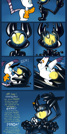 ambiguous_gender anthro ball_gag bdsm bondage bound clothing duo ear_piercing ear_ring feet forced gag gagged gloves handwear latex oversized_ball_gag paws piercing ring_piercing slime text toes transformation oddjuice bandai_namco digimon digimon_(species) felid feline felis gatomon mammal absurd_res comic english_text hi_res