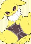 anthro blush brown_eyes bulge chest_tuft clothing cute_fangs eeveelution fur generation_1_pokemon hand_on_crotch hi_res jolteon kaldiryu looking_at_viewer male nintendo open_mouth pawpads pokemon pokemon_(species) red_pawpads semi-anthro simple_background solo spread_legs spreading tongue tuft underwear white_body white_fur yellow_body yellow_fur