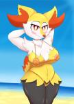 anthro areola beach bikini blush breasts clothing female navel sea seaside smile solo swimwear two-piece_swimsuit water wide_hips highoncoffee nintendo pokemon braixen canid generation_6_pokemon mammal pokemon_(species) slip_(disambiguation) absurd_res hi_res