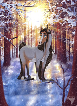 ambiguous_gender blue_eyes brown_hair brown_mane brown_tail detailed_background eyebrows eyelashes facial_markings feral hair head_markings hooves light light_beam long_hair long_mane looking_aside mane markings multicolored_body outside plant raised_leg snow snowing solo sun sunbeam sunlight tail teeth tree the_okapis_tongue crybaby_(the_okapis_tongue) equid equine horse mammal 2023 digital_media_(artwork) hi_res female_(lore)