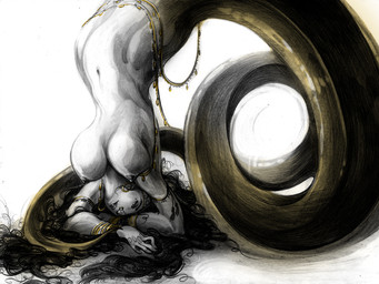 apode black_hair breasts ear_piercing female hair jewelry legless navel nipples non-mammal_breasts non-mammal_nipples piercing serpentine solo split_form unknown_artist draconcopode hybrid lamia mammal reptile scalie snake 4:3 source_request traditional_media_(artwork)