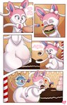 cake candy chocolate dessert dialogue duo feeding female feral food frill_(anatomy) morbidly_obese obese overweight ribbons_(anatomy) weight_gain fattyjakalope nintendo pokemon eeveelution generation_1_pokemon generation_6_pokemon pokemon_(species) sylveon vaporeon absurd_res comic hi_res